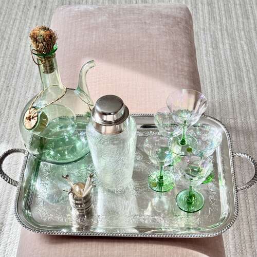 Curated Ready-to-Go antique home bar set tray, shaker, decanters, glasses & cocktail stick