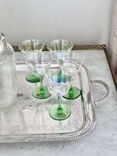Curated Ready-to-Go antique home bar set tray, shaker, decanters, glasses & cocktail stick