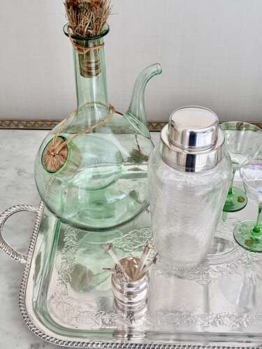 Curated Ready-to-Go antique home bar set tray, shaker, decanters, glasses & cocktail stick