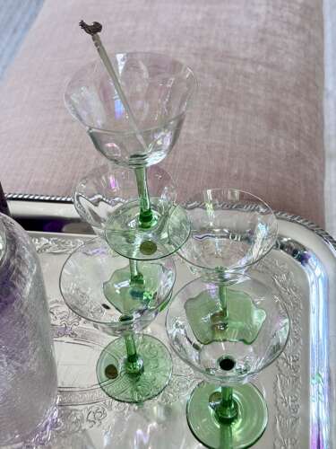 Curated Ready-to-Go antique home bar set tray, shaker, decanters, glasses & cocktail stick