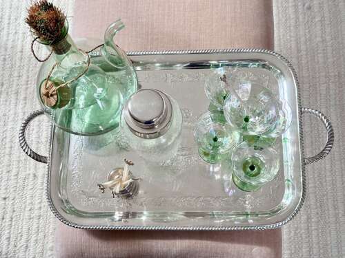 Curated Ready-to-Go antique home bar set tray, shaker, decanters, glasses & cocktail stick