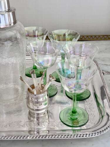 Curated Ready-to-Go antique home bar set tray, shaker, decanters, glasses & cocktail stick