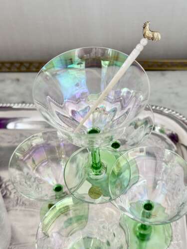 Curated Ready-to-Go antique home bar set tray, shaker, decanters, glasses & cocktail stick