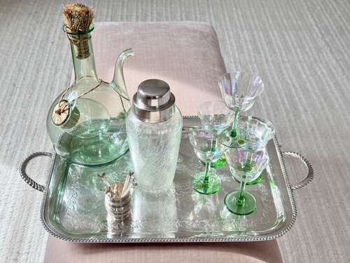Curated Ready-to-Go antique home bar set tray, shaker, decanters, glasses & cocktail stick
