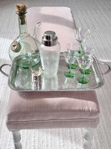 Curated Ready-to-Go antique home bar set tray, shaker, decanters, glasses & cocktail stick