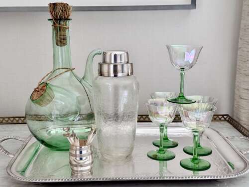 Curated Ready-to-Go antique home bar set tray, shaker, decanters, glasses & cocktail stick