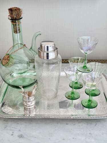 Curated Ready-to-Go antique home bar set tray, shaker, decanters, glasses & cocktail stick