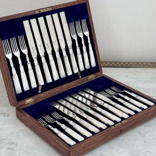Edwardian silver plated & mother of pearl fruit dessert cutlery J Sanderson & Son