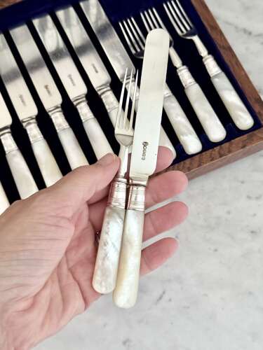 Edwardian silver plated & mother of pearl fruit dessert cutlery J Sanderson & Son