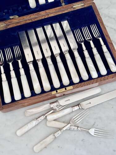 Edwardian silver plated & mother of pearl fruit dessert cutlery J Sanderson & Son