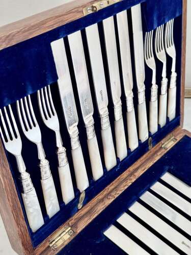 Edwardian silver plated & mother of pearl fruit dessert cutlery J Sanderson & Son