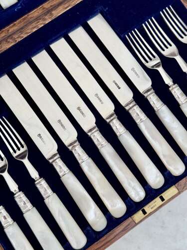 Edwardian silver plated & mother of pearl fruit dessert cutlery J Sanderson & Son
