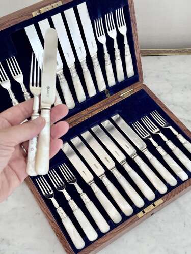 Edwardian silver plated & mother of pearl fruit dessert cutlery J Sanderson & Son