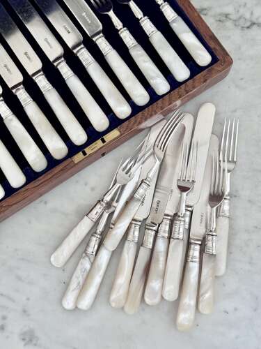 Edwardian silver plated & mother of pearl fruit dessert cutlery J Sanderson & Son