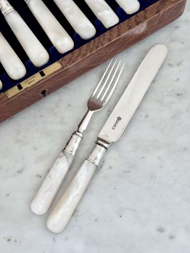 Edwardian silver plated & mother of pearl fruit dessert cutlery J Sanderson & Son