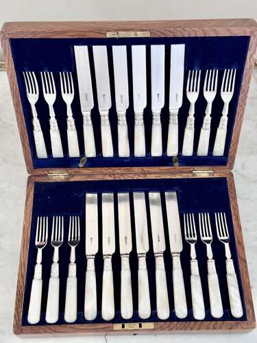 Edwardian silver plated & mother of pearl fruit dessert cutlery J Sanderson & Son