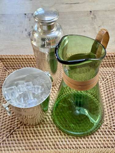 Curated Mid 20th Century Carl Auboch & rattan cocktail drinks tray set