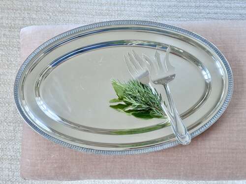 Impressive French silver plated serving platter & forks by St Medard C1940