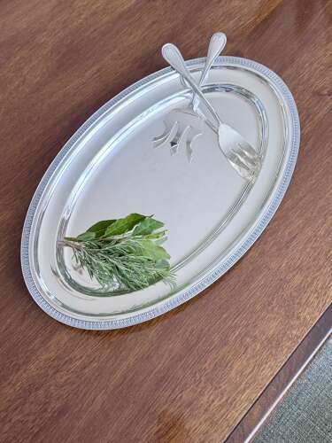 Impressive French silver plated serving platter & forks by St Medard C1940