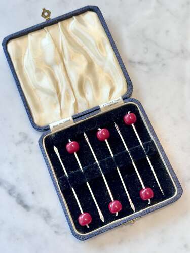 Art Deco silver & Bakelite cherry cocktail sticks 1937