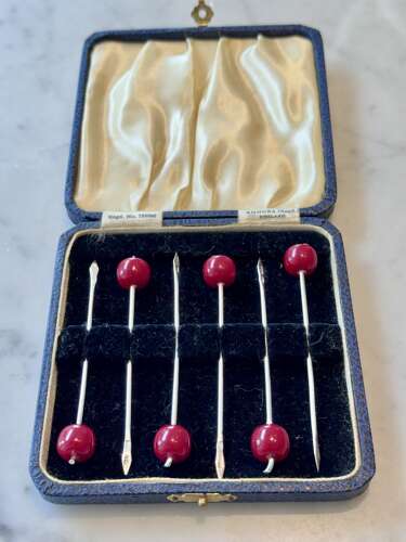 Art Deco silver & Bakelite cherry cocktail sticks 1937