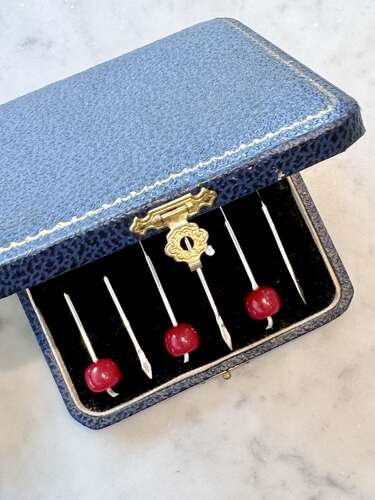 Art Deco silver & Bakelite cherry cocktail sticks 1937