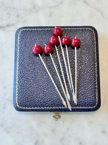 Art Deco silver & Bakelite cherry cocktail sticks 1937
