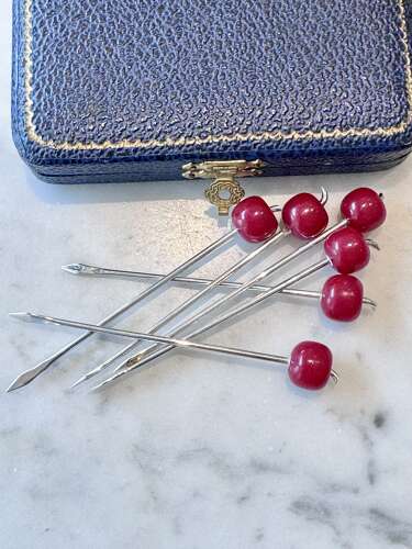 Art Deco silver & Bakelite cherry cocktail sticks 1937