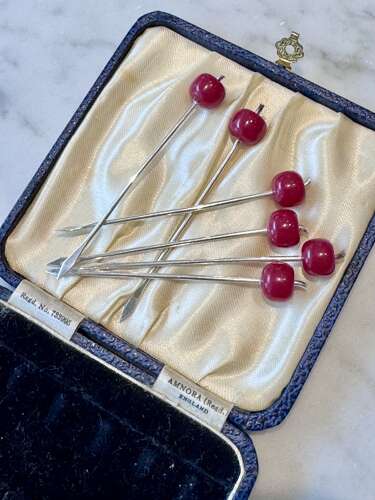 Art Deco silver & Bakelite cherry cocktail sticks 1937
