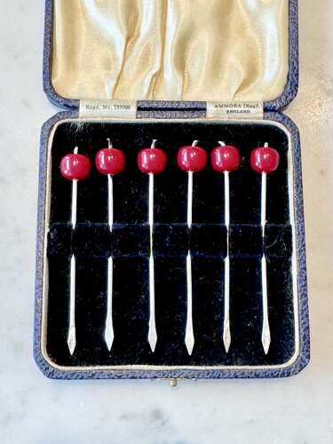 Art Deco silver & Bakelite cherry cocktail sticks 1937