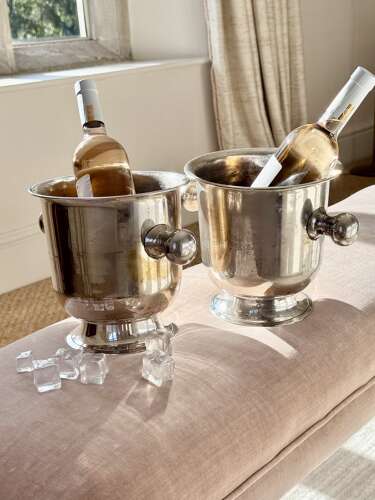 Fab pair Mid 20th Century patinated silver plated wine cooler ice buckets