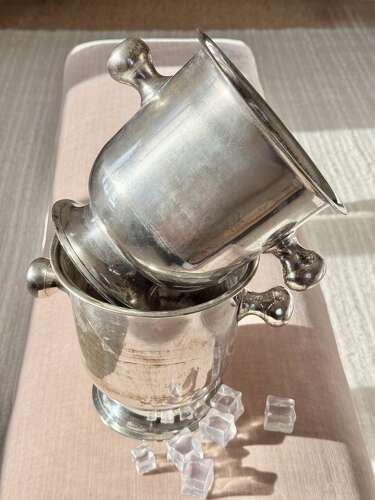 Fab pair Mid 20th Century patinated silver plated wine cooler ice buckets