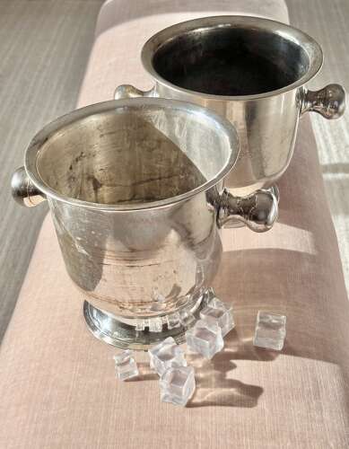 Fab pair Mid 20th Century patinated silver plated wine cooler ice buckets