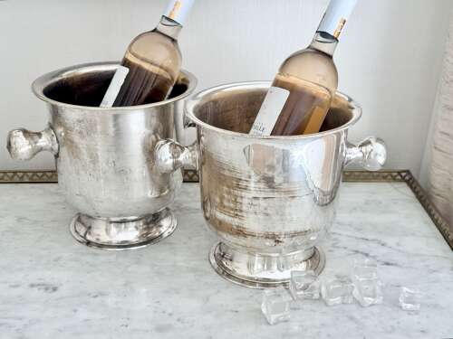 Fab pair Mid 20th Century patinated silver plated wine cooler ice buckets
